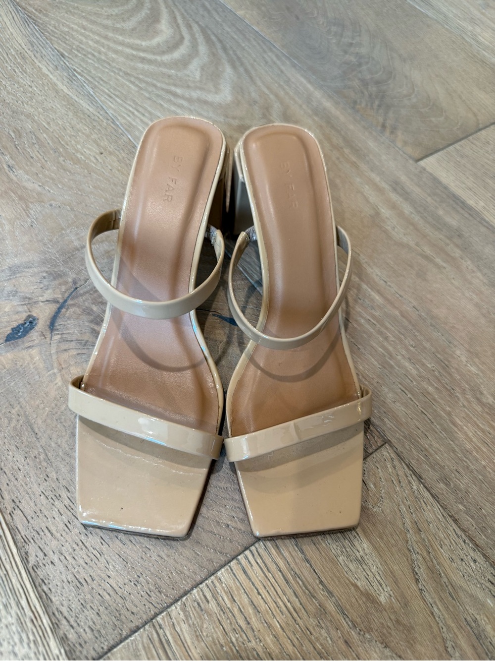 BY FAR Nude Patent Square-Toe Double Strap Heels